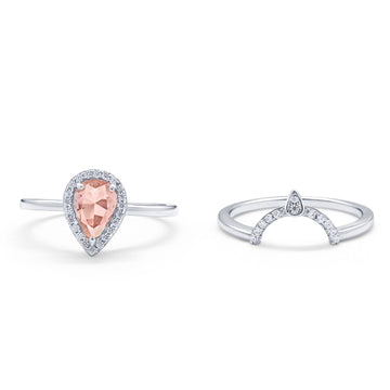 Two Piece Teardrop Engagement Ring Simulated Morganite CZ 925 Sterling Silver